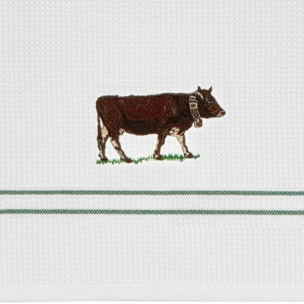 Kuh Geschirrtuch Waffelpikee bestickt mit dunkelbrauner Allgäu Kuh 50/70 cm 100% Baumwolle