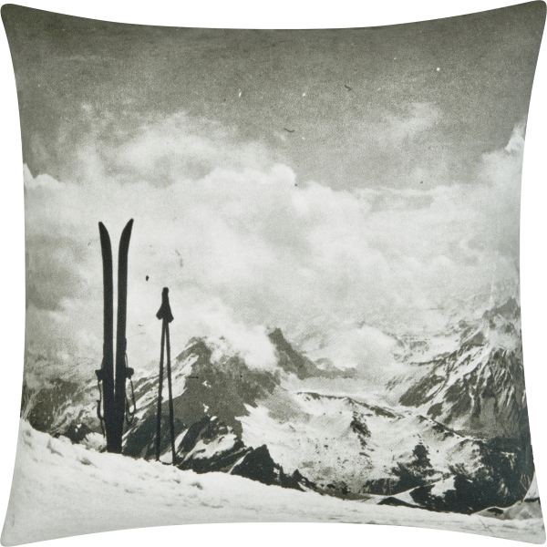 Alte Holzski mit Bergmotiv  40/40 cm  Kissen schwarz weiss Digitaldruck auf 100% Baumwolle